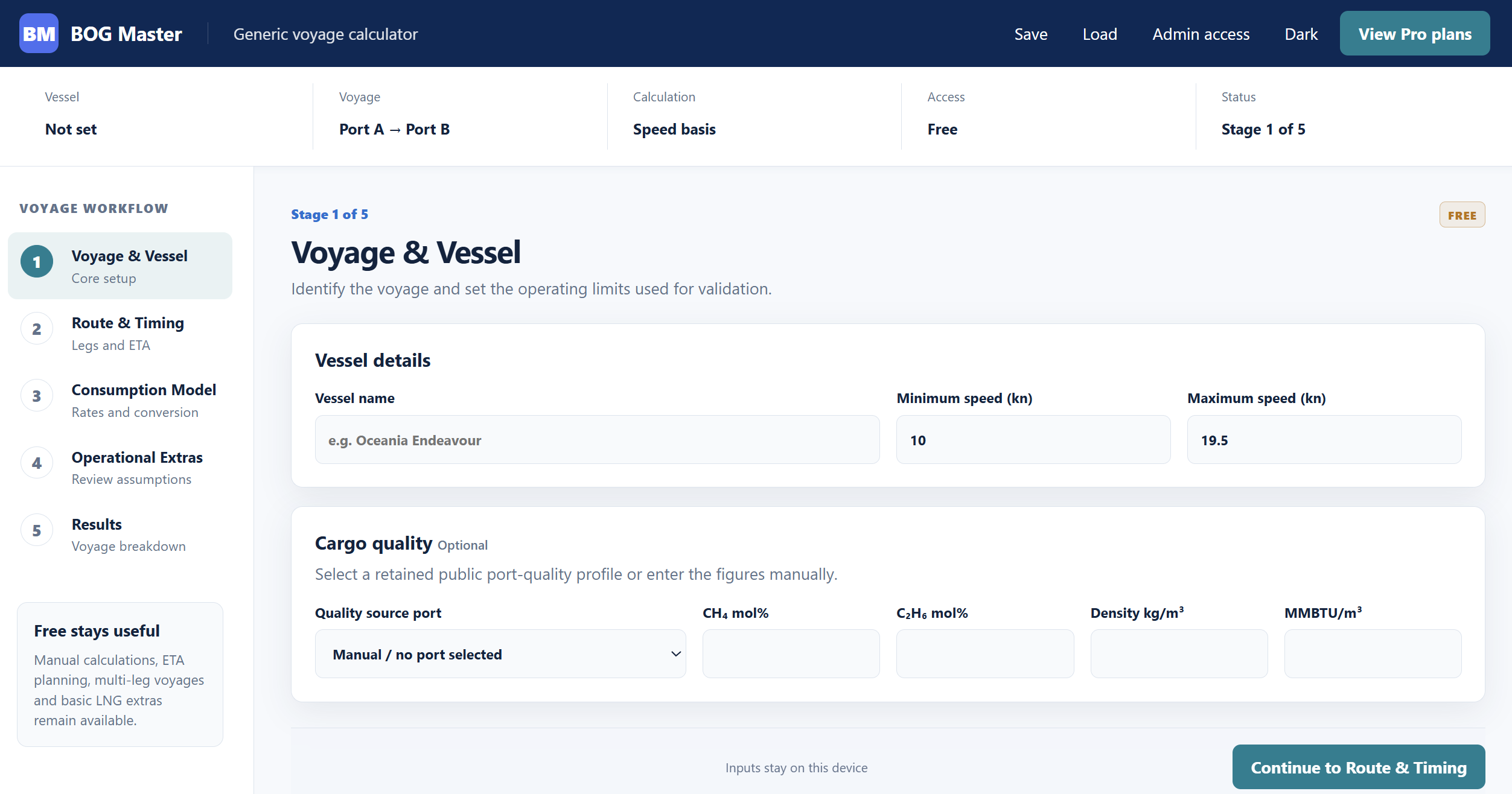 BOG Master voyage and vessel setup screen