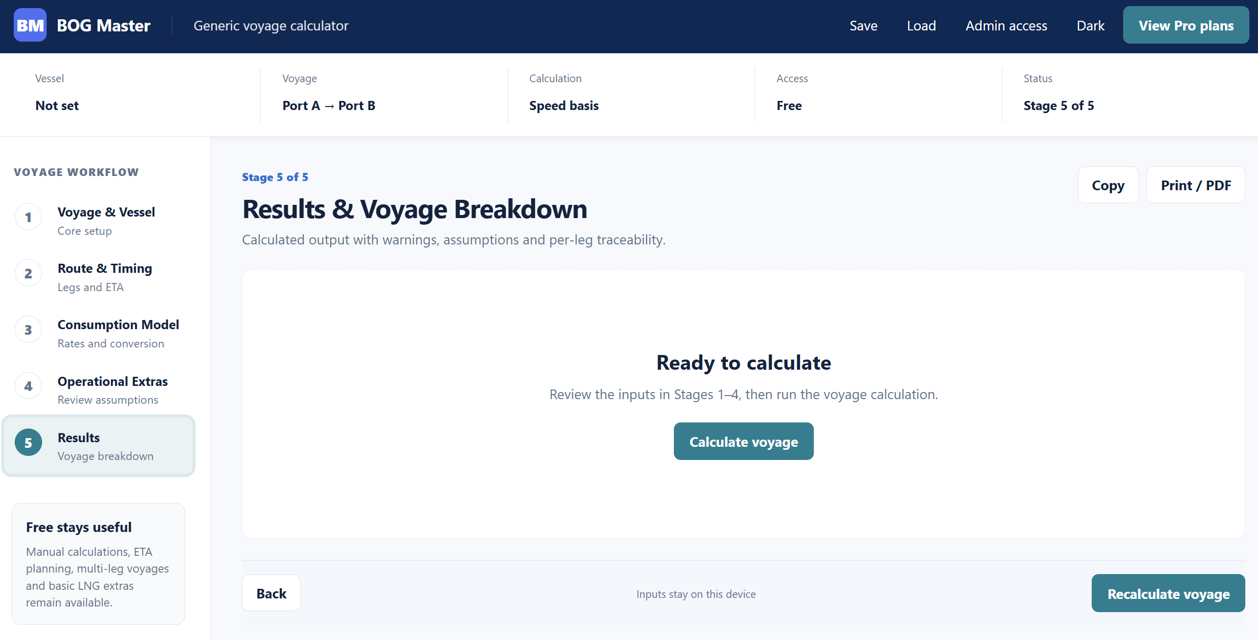 BOG Master results and voyage breakdown screen