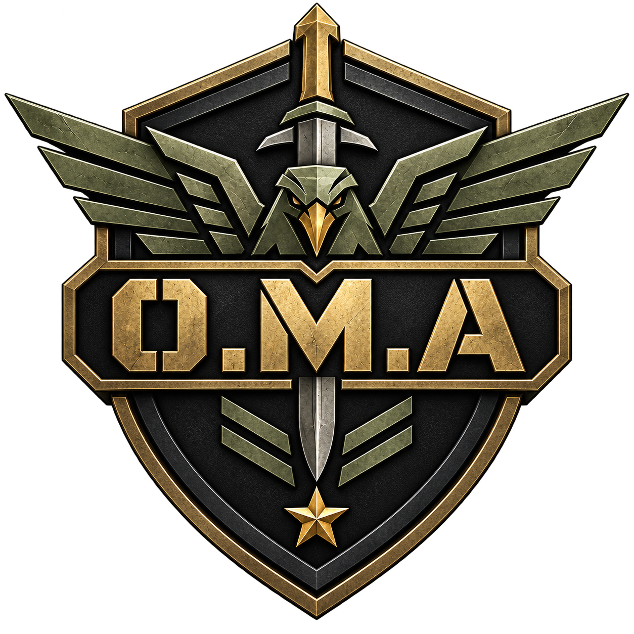 O.M.A shield, eagle and sword identity with integrated wordmark supplied by the owner