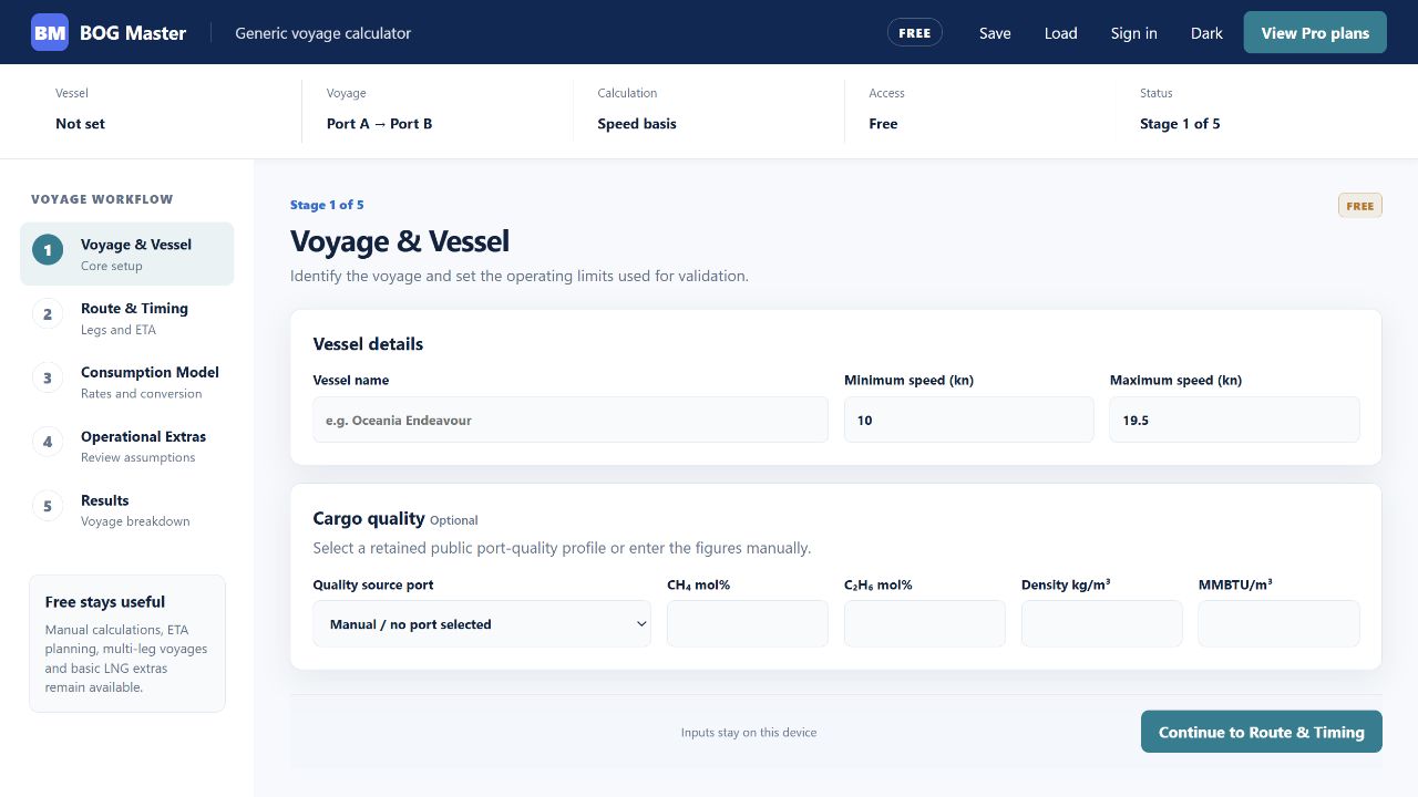 BOG Master running in free voyage setup mode