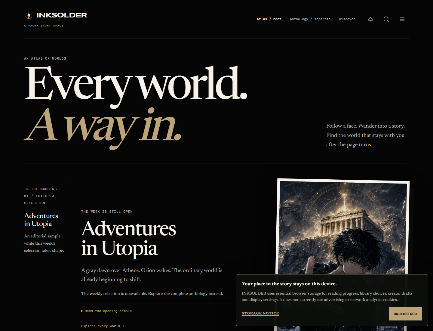 INKSOLDER local anthology landing page running on loopback